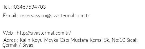 Sivas Termal Hotel & Spa telefon numaralar, faks, e-mail, posta adresi ve iletiim bilgileri